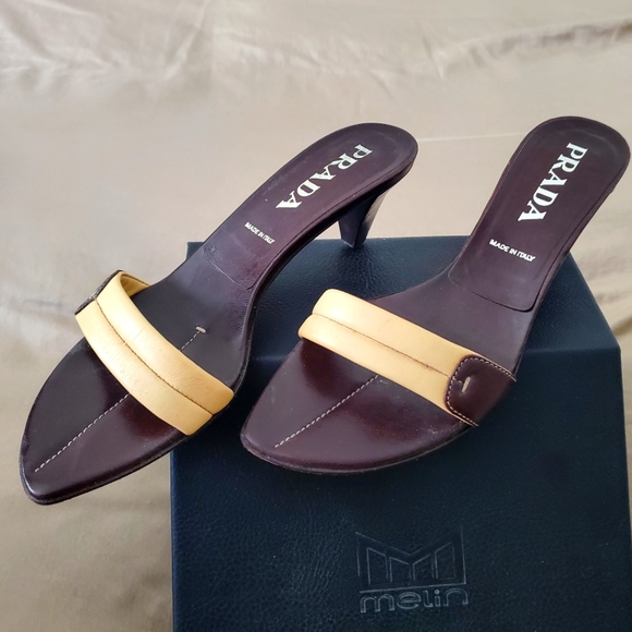 Prada Leather, Open Toe, Slip-on Sandel. 2" Heel. Size 39. (8.5) - Picture 4 of 7